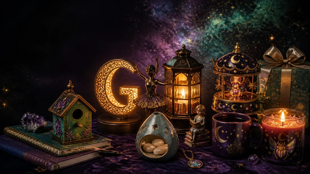 A magical-realism still life of quirky birthday gifts, glowing lamps, celestial decor, music boxes, candles, and thoughtful h