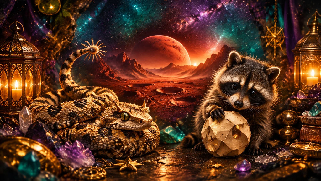 A cosmic scene featuring a spider-tailed viper, a playful pygmy raccoon, and mysterious holes on Mars