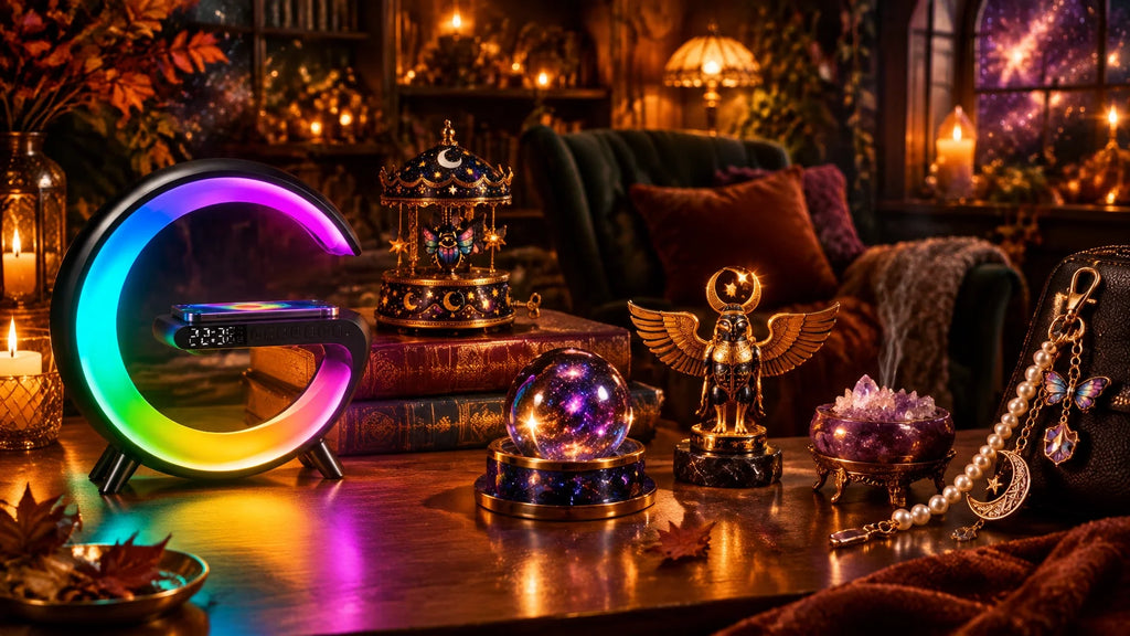 A warmly lit autumn study nook with a sculptural lamp, celestial music box, books, crystal sphere, and unusual decorative acc