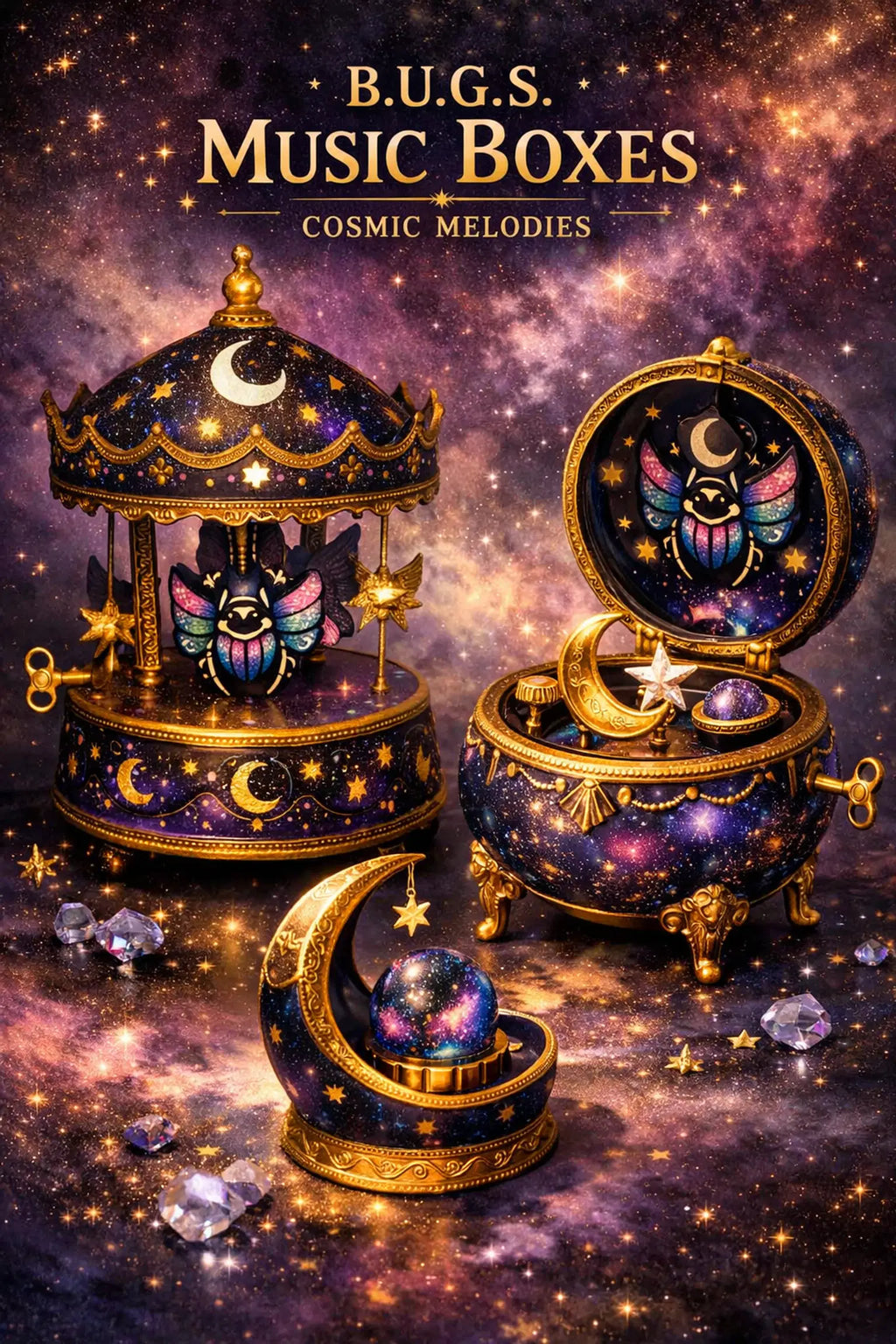 B.U.G.S. Cosmic Melodies music box collection with celestial beetle details, gold accents, and a glowing galaxy backdrop