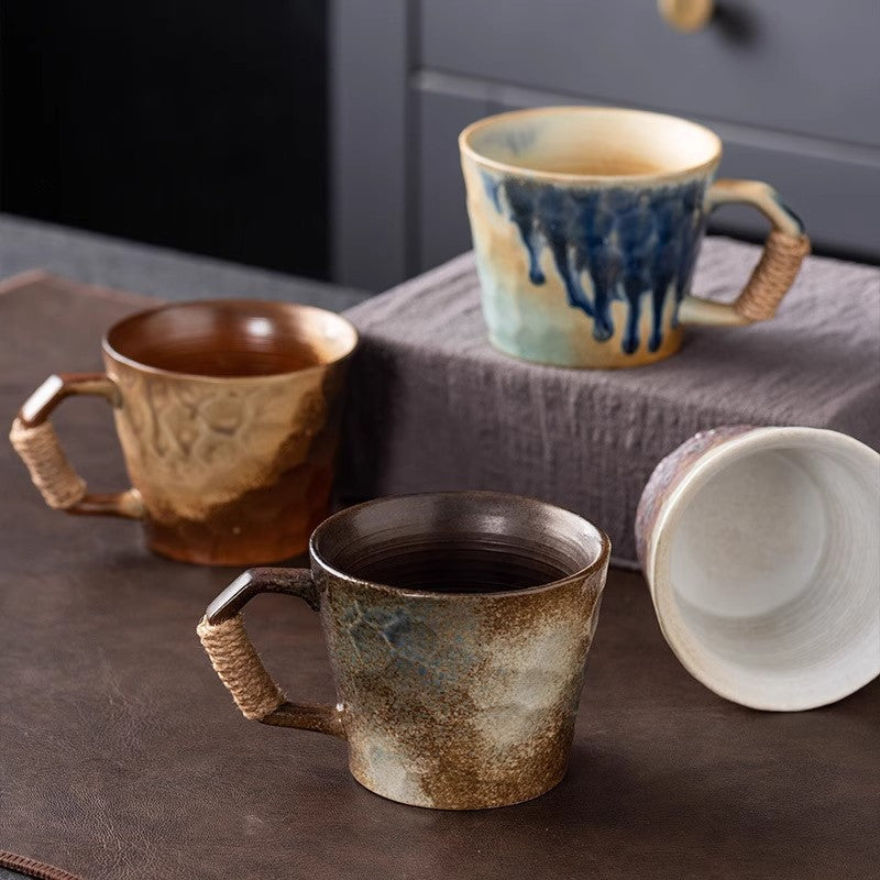 Kiln-fired Japanese-style ceramic mug in a calm, minimalist study setting