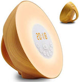 Wake Up Light Wood Grain Sunrise Sunlight Alarm Clock With 6 Natural Sounds & FM Radio & Snooze Function and 7 Colors Be