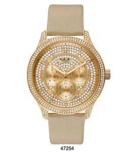 M Milano "Expressions" Creme Vegan Leather Band Watch w/ Gold Case & Gold Dial w/ Stones (Ladies)