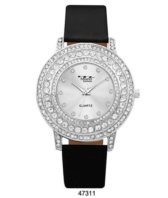 M Milano Expressions Vegan Leather Band Watch with Silver Stone Case and Silver Dial