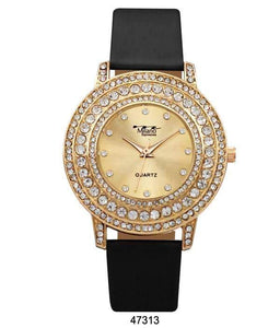M Milano "Expressions" Black Vegan Leather Band Watch w/ Gold Stone Case & Gold Dial (Ladies)
