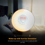 Wake Up Light Wood Grain Sunrise Sunlight Alarm Clock With 6 Natural Sounds & FM Radio & Snooze Function and 7 Colors Be
